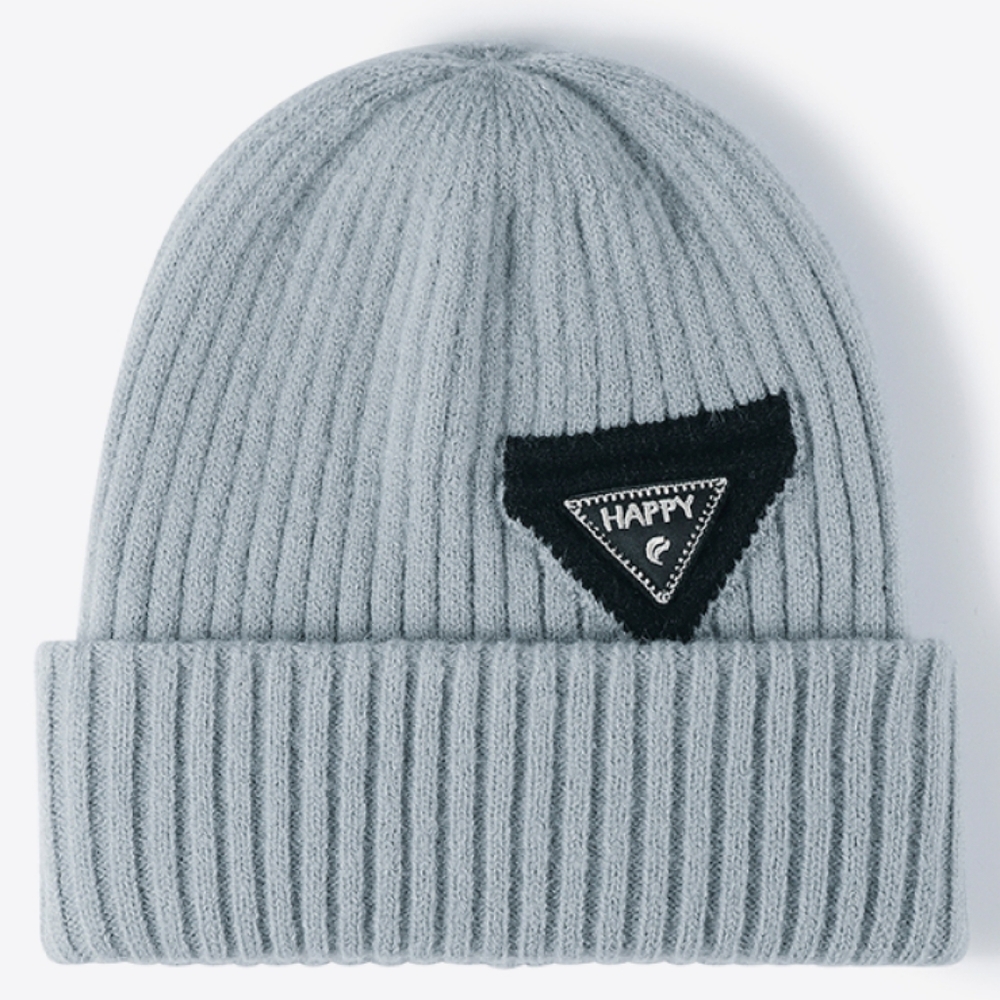 HAPPY Beanie Color Contrast Hat Ribbed Knit Minimalist Warm Toboggan Skull Cap